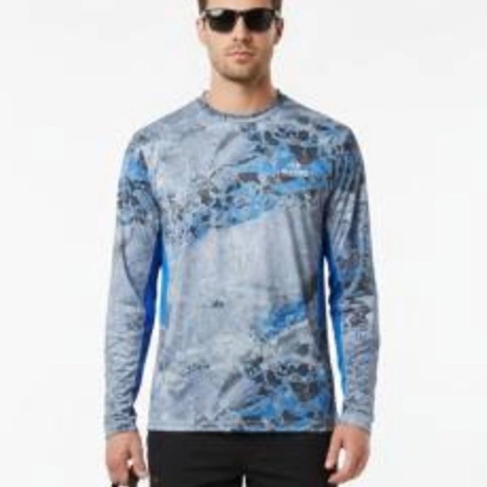 Realtree Fishing Mens XL Long Sleeve Performance Shirt Blue Grey Camo Mesh UV
